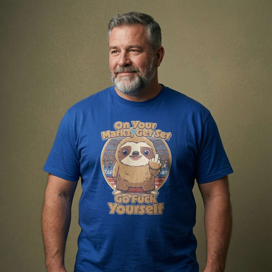 Bearded man looking calm and slightly amused in a blue On Your Marks, Get Set, Go Fuck Yourself t-shirt, fun mens offensive sloth graphic full of attitude