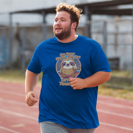 Man running on a track wearing a blue t-shirt with a sloth graphic and text.