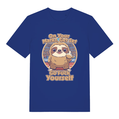 Blue On Your Marks Get Set Go Fuck Yourself funny animal graphic t-shirt with witty sloth graphic  