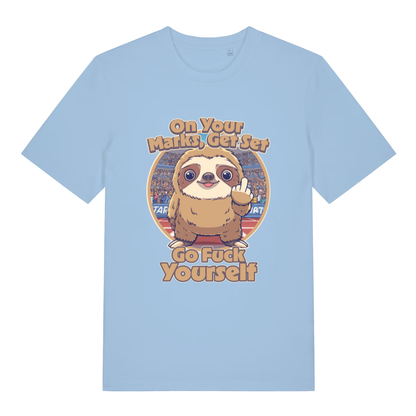 Light blue On Your Marks Get Set Go Fuck Yourself funny animal graphic t-shirt with bold middle finger sloth  