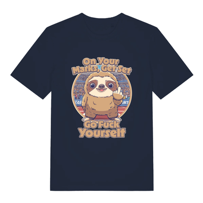 Navy On Your Marks Get Set Go Fuck Yourself funny animal graphic t-shirt featuring classic lazy attitude design  
