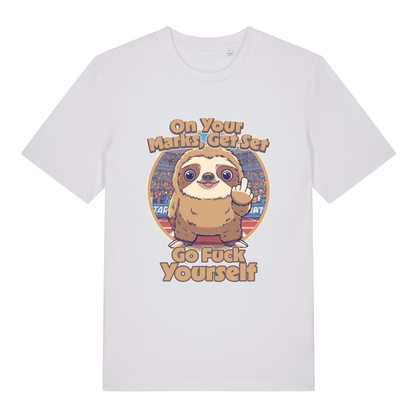 White On Your Marks Get Set Go Fuck Yourself funny animal graphic t-shirt with detailed stadium sloth artwork  