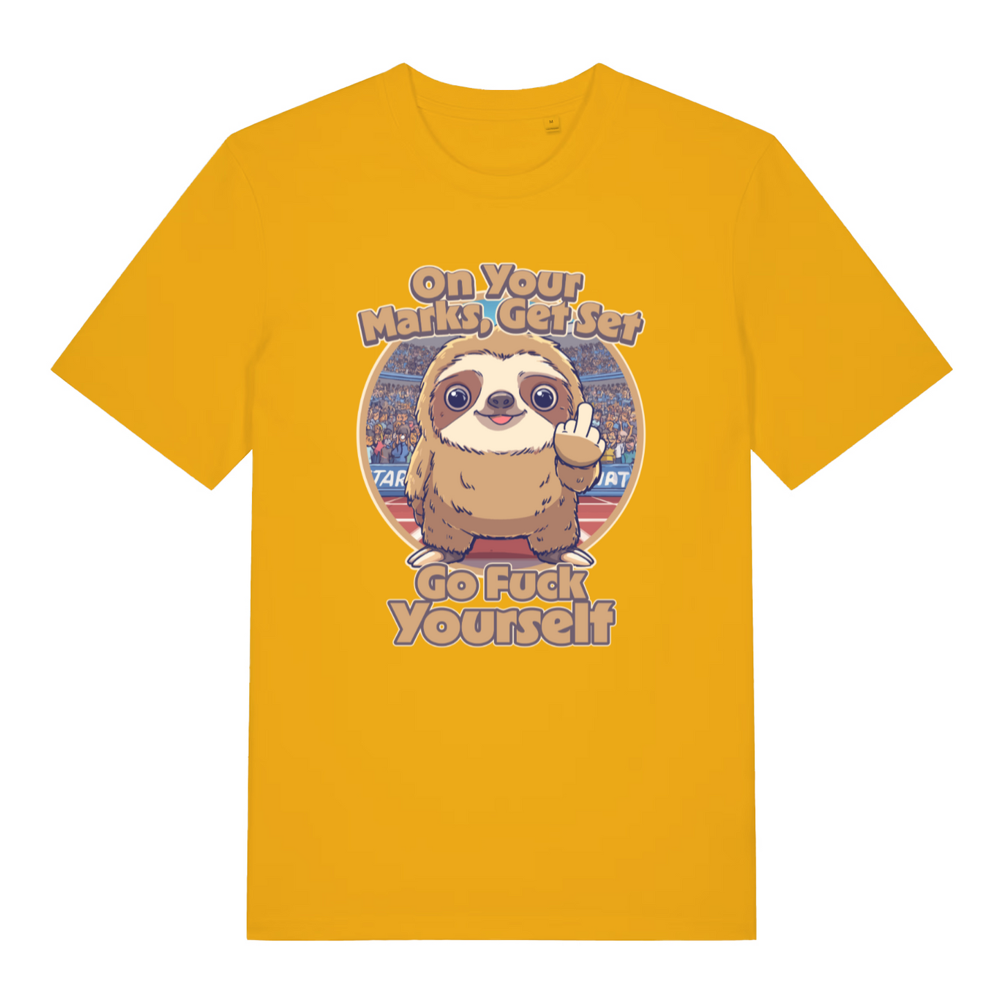 yellow funny offensive t-shirt with the graphic of a sloth flipping the bird and the slogan 'on your marks get set go fuck yourself'
