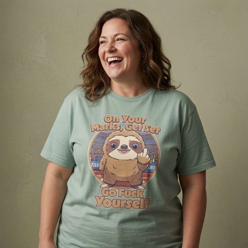 Woman laughing heartily in a sage green On Your Marks, Get Set, Go Fuck Yourself t-shirt, cheeky and offensive sloth graphic that doesn’t hold back