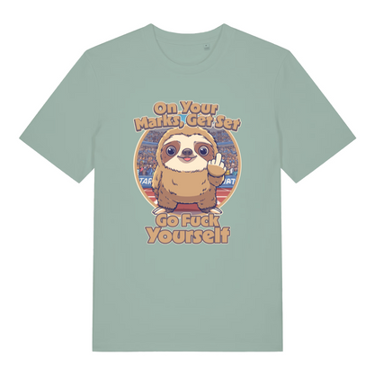 green women's funny offensive t-shirt with the graphic of a cartoon sloth and the slogan 'on your marks, get set go fuck yourself'