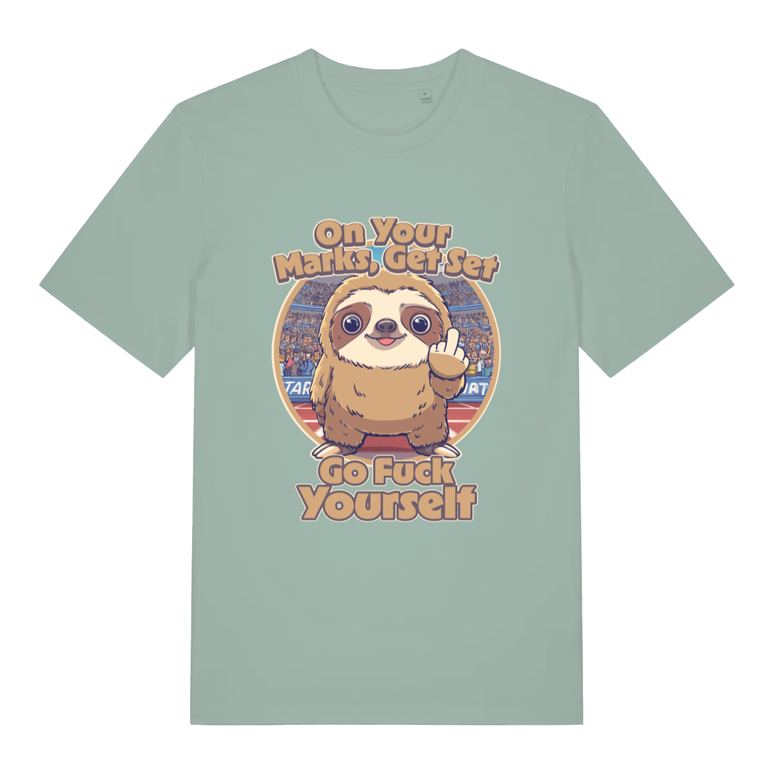 Light green On Your Marks Get Set Go Fuck Yourself funny animal graphic t-shirt featuring rude sloth on track  