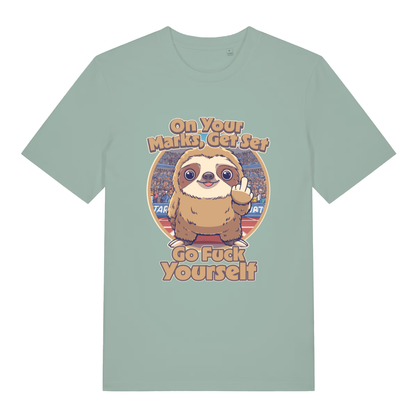 Light green On Your Marks Get Set Go Fuck Yourself funny animal graphic t-shirt featuring rude sloth on track  