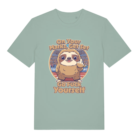 Light green On Your Marks Get Set Go Fuck Yourself funny animal graphic t-shirt featuring rude sloth on track  