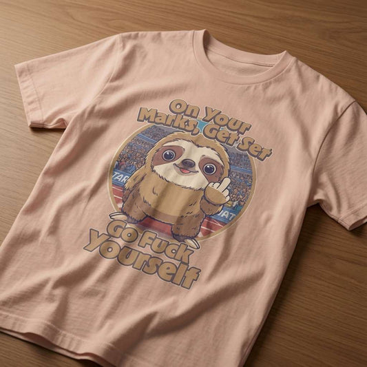 Peach On Your Marks, Get Set, Go Fuck Yourself t-shirt laid flat on a wooden surface showing the full middle-finger sloth illustration, funny and offensive ladies animal design