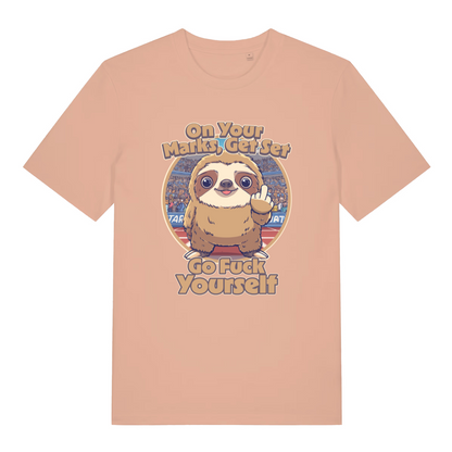 peach women's funny offensive t-shirt with the graphic of a cartoon sloth and the slogan 'on your marks, get set go fuck yourself'