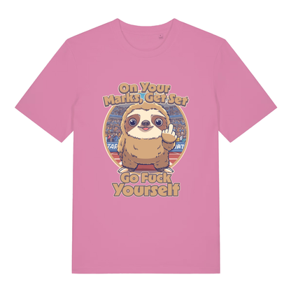 Pink On Your Marks Get Set Go Fuck Yourself funny animal graphic t-shirt showing humorous race track sloth  