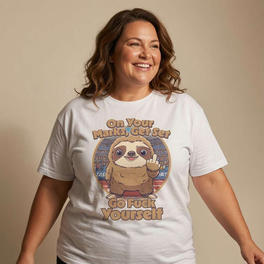 Woman smiling with arms slightly out while wearing a white On Your Marks, Get Set, Go Fuck Yourself t-shirt featuring a cartoon sloth flipping the bird, humorous and offensive ladies sloth design