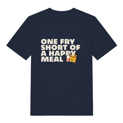 navy sarcastic t-shirt with the slogan 'one fry short of a happy meal'