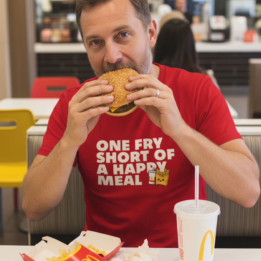 Man eating a burger in a fast-food restaurant wearing a red shirt with a humorous message.