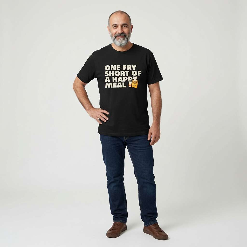 Bearded man standing with one hand on his hip in a black One Fry Short Of A Happy Meal t-shirt, funny and witty slogan that every slightly unhinged bloke will claim