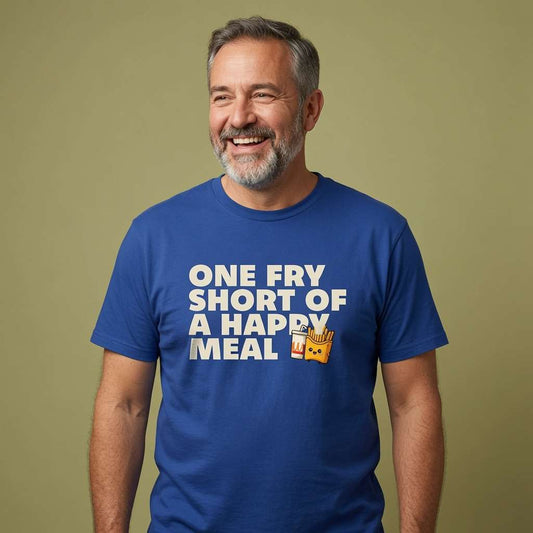 Bearded man laughing while wearing a blue One Fry Short Of A Happy Meal t-shirt, hilarious statement slogan with a cheeky fast-food twist