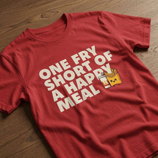 Red t-shirt laid flat on a wooden table with the slogan “One Fry Short Of A Happy Meal” and a cute fries and drink graphic, witty and fun mad relatable design