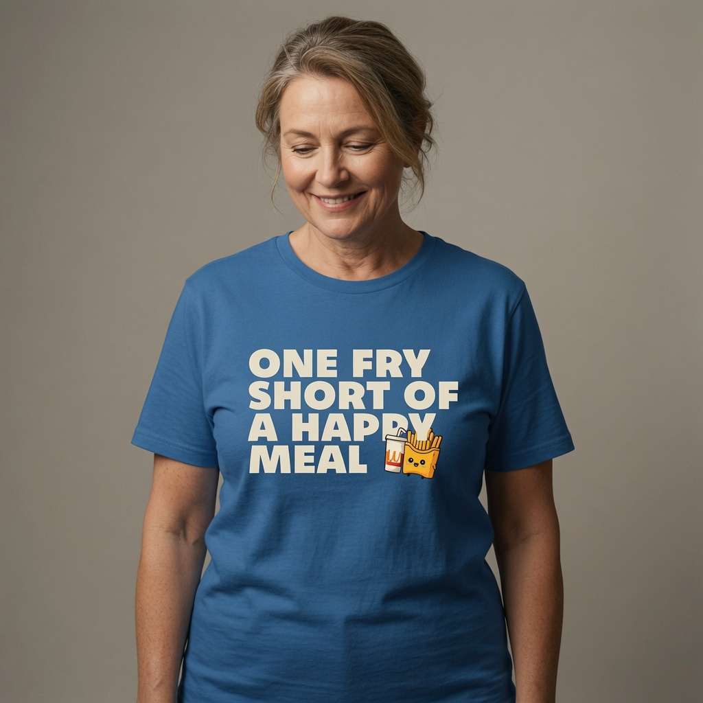 Woman smiling and looking down while wearing a blue One Fry Short Of A Happy Meal t-shirt, hilarious ladies happy meal slogan full of personality