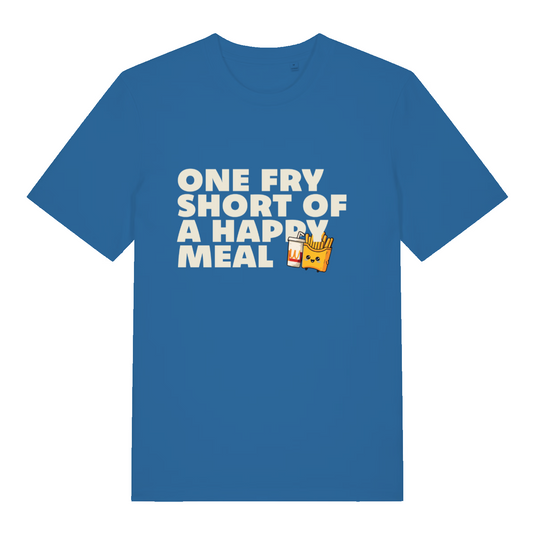 Blue One Fry Short Of A Happy Meal funny slogan t-shirt featuring cheeky fast food design  