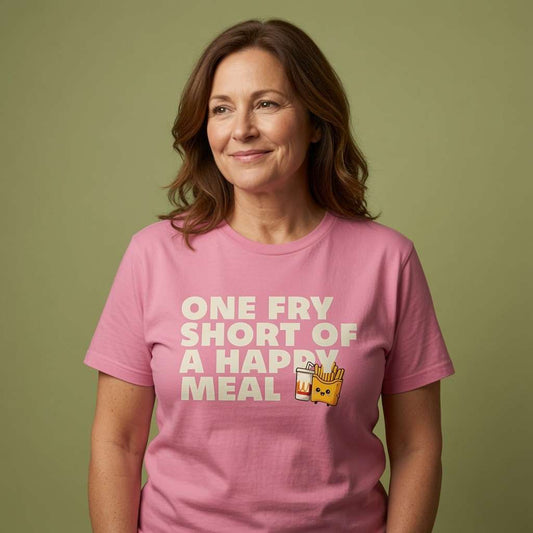 Woman with a soft smile in a pink One Fry Short Of A Happy Meal t-shirt, fun and witty sarcastic banter that every slightly unhinged woman will claim