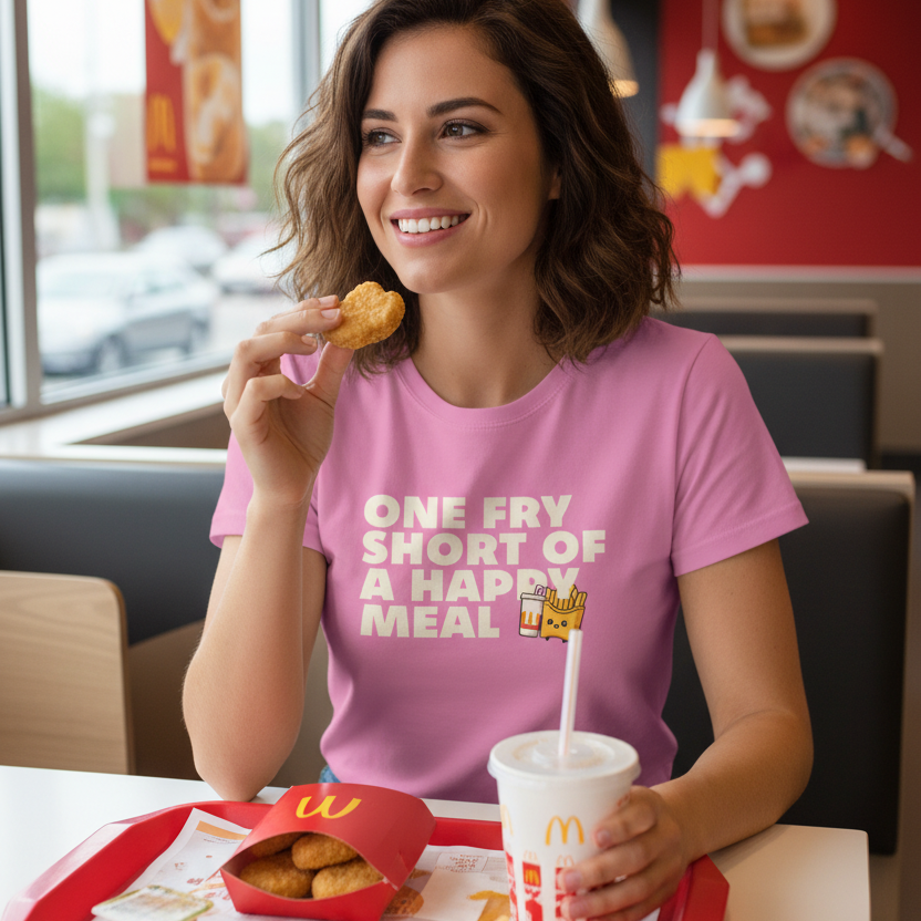 Woman in a pink t-shirt eating McDonald's food in a restaurant.