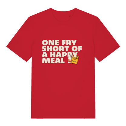 red women's funny slogan t-shirt with the text 'one fry shirt of a happy meal'