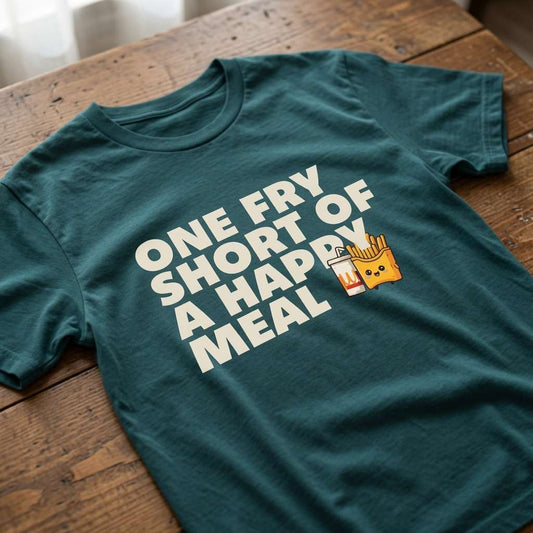 Teal green t-shirt laid flat on a wooden table with the slogan “One Fry Short Of A Happy Meal” and a cute fries and drink graphic, witty and fun ladies cheeky design