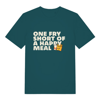 teal women's funny slogan t-shirt with the text 'one fry shirt of a happy meal'