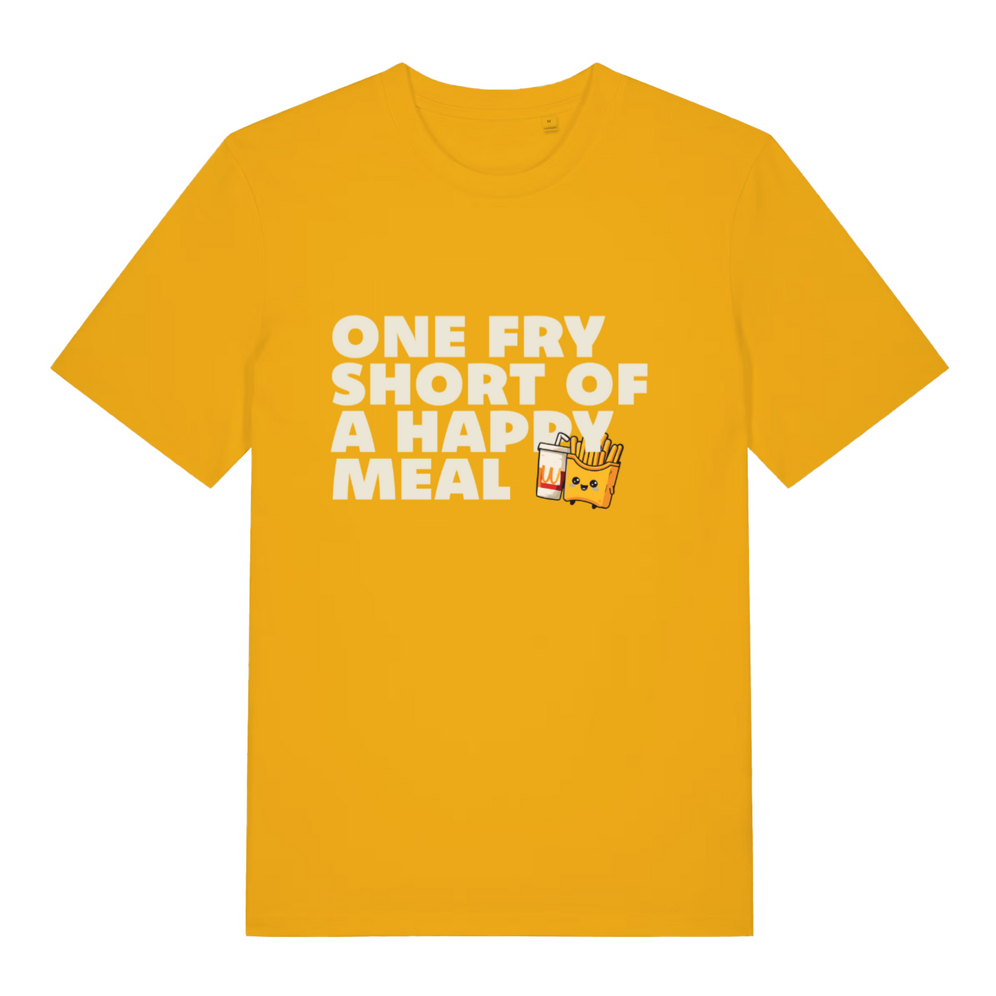 yellow women's funny slogan t-shirt with the text 'one fry shirt of a happy meal'
