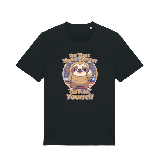 black funny offensive t-shirt with the graphic of a cartoon sloth and the slogan 'on your marks, get set go fuck yourself'
