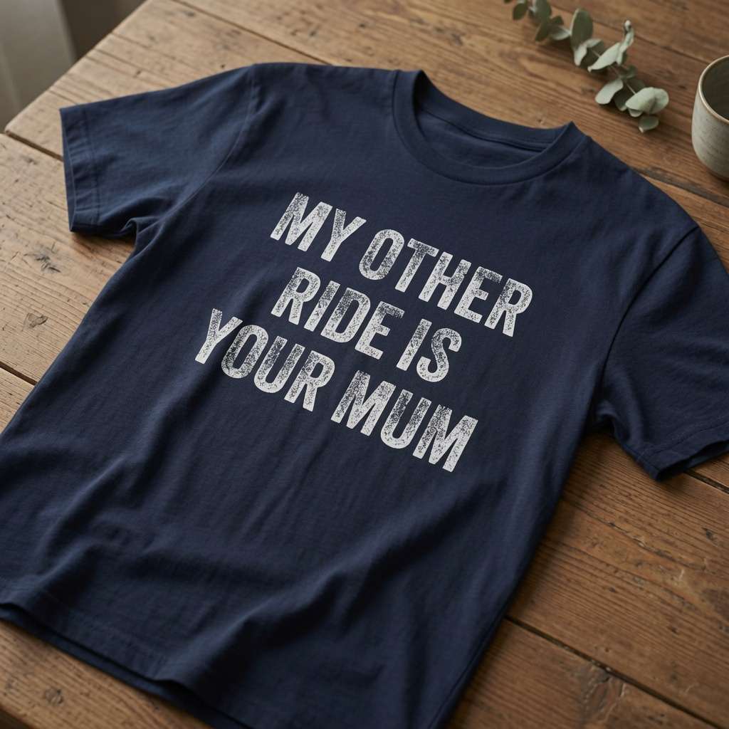 Navy blue t-shirt laid flat on a wooden table with the distressed white slogan “My Other Ride Is Your Mum”, funny mens rude dad quote design