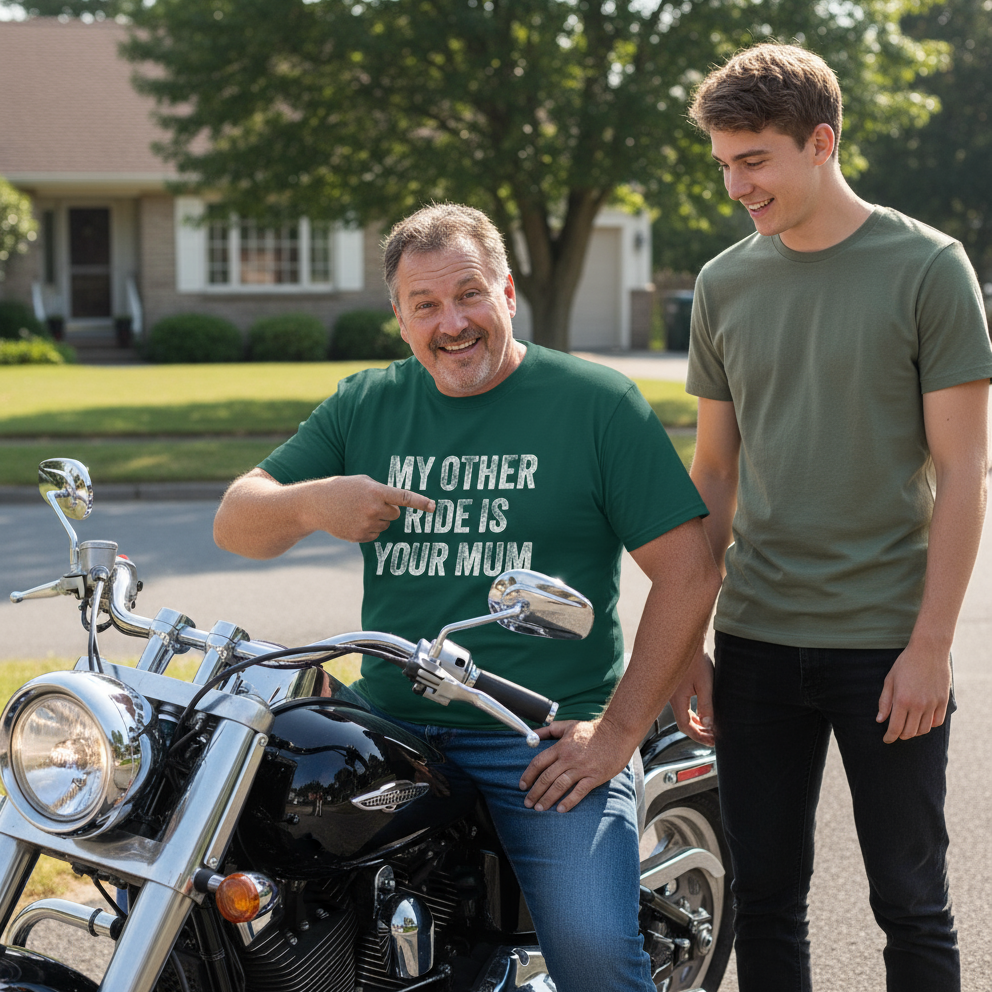 Man in green t-shirt with motorcycle and another person standing next to him