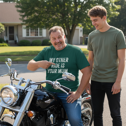 Man in green t-shirt with motorcycle and another person standing next to him
