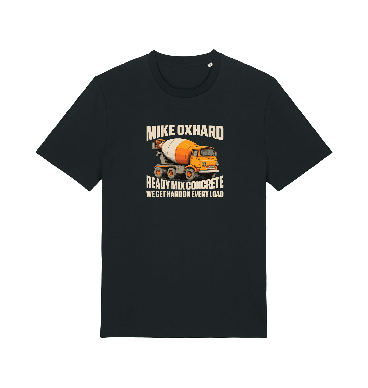 Black funny offensive t-shirt with a graphic of a cement mixer and a rude slogan 