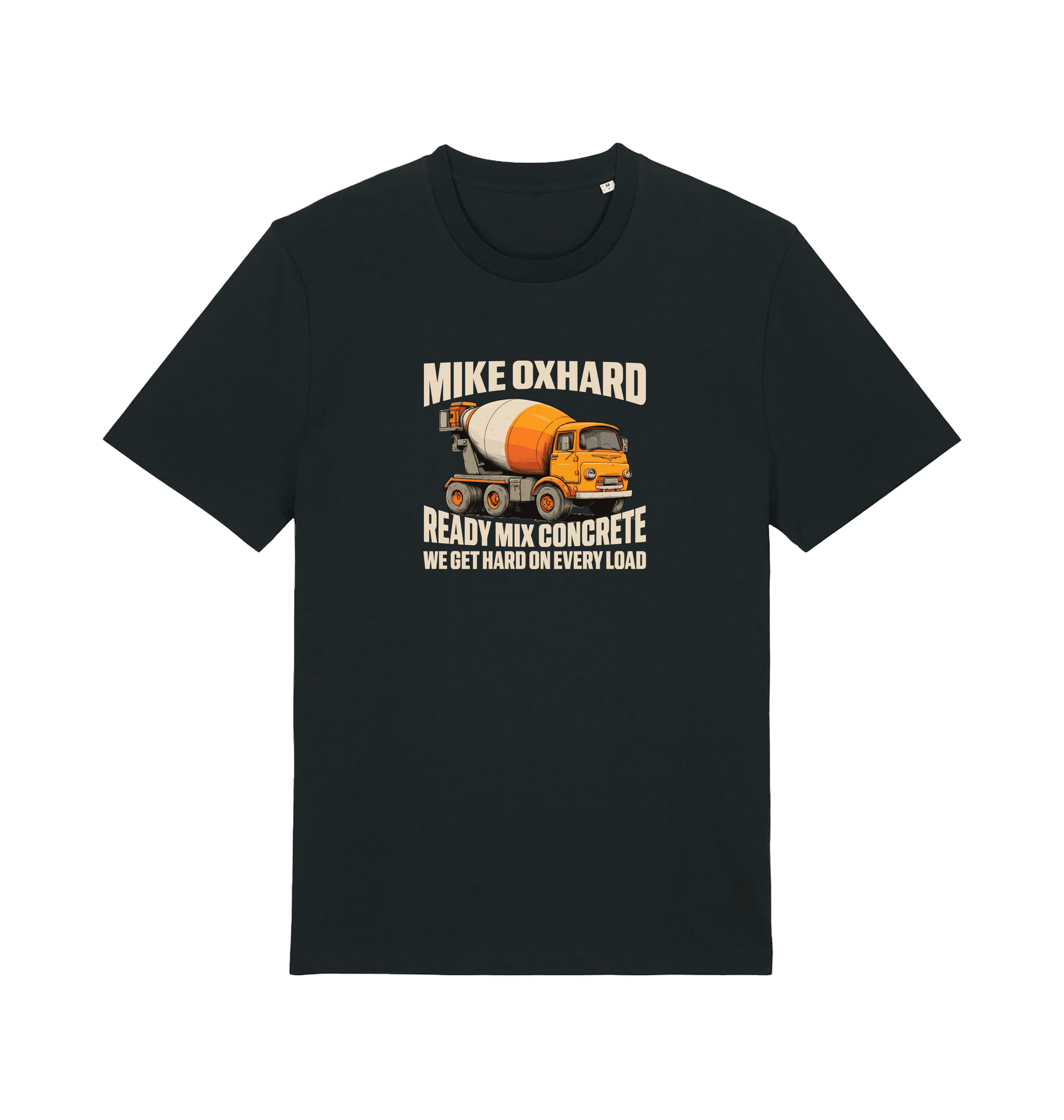 Black funny offensive t-shirt with a graphic of a cement mixer and a rude slogan 