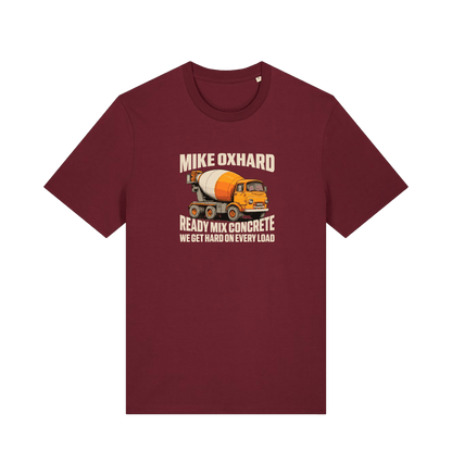 burgundy funny offensive t-shirt with a graphic of a cement mixer and a rude slogan 