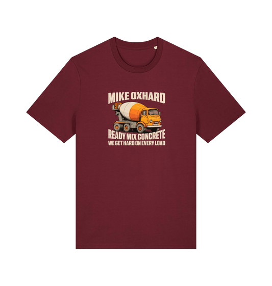 burgundy funny offensive t-shirt with a graphic of a cement mixer and a rude slogan 