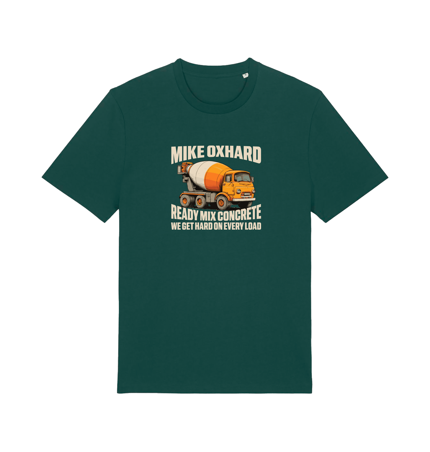 green funny offensive t-shirt with a graphic of a cement mixer and a rude slogan 