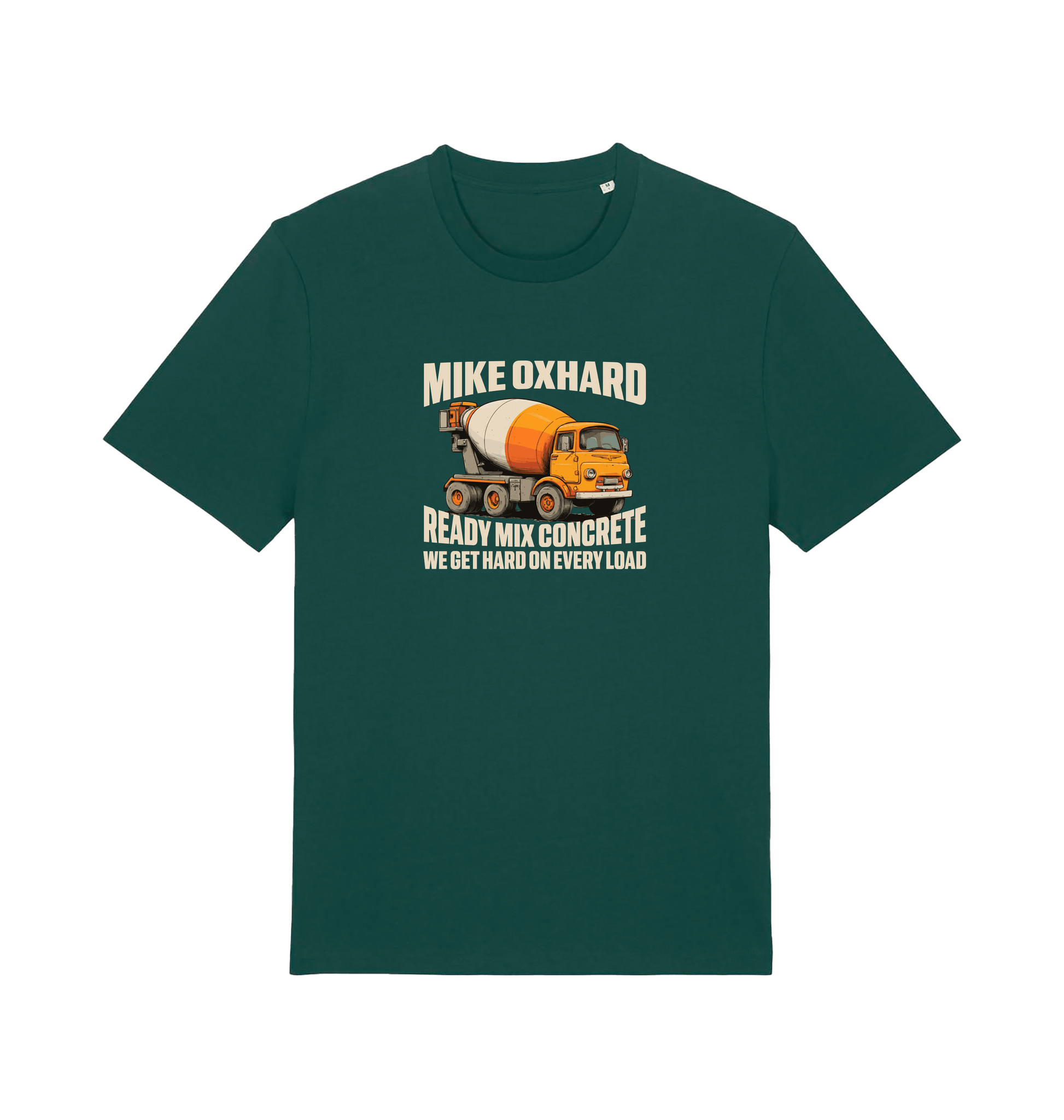 green funny offensive t-shirt with a graphic of a cement mixer and a rude slogan 