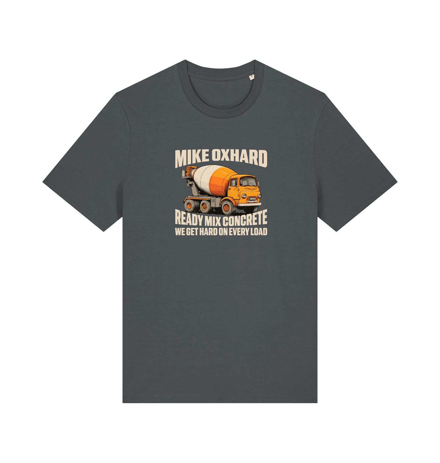 grey funny offensive t-shirt with a graphic of a cement mixer and a rude slogan 