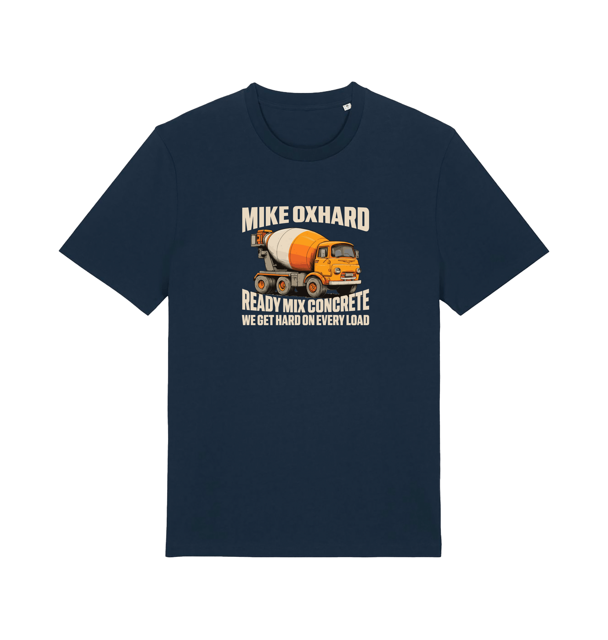 navy funny offensive t-shirt with a graphic of a cement mixer and a rude slogan 