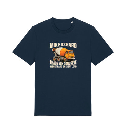 navy funny offensive t-shirt with a graphic of a cement mixer and a rude slogan 