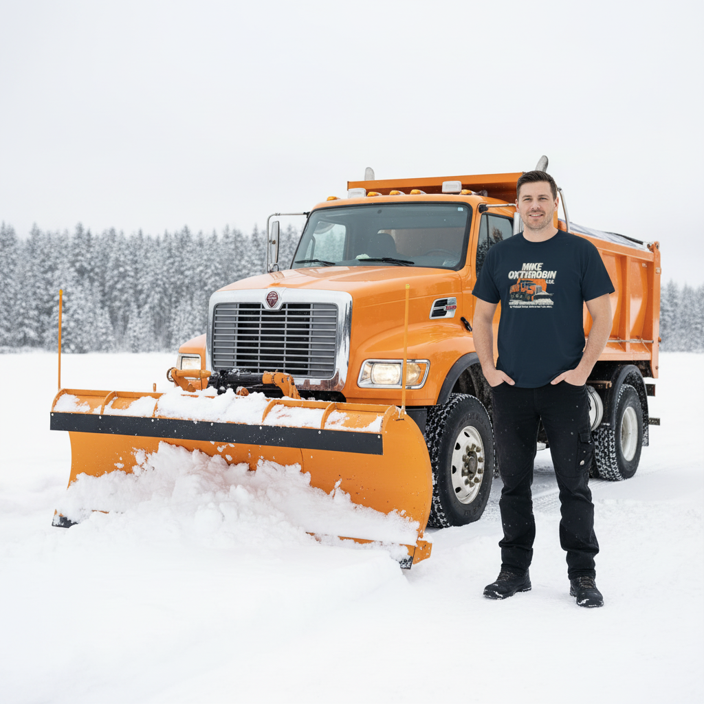 Man standing next to a snowplow truck in a snowy landscape