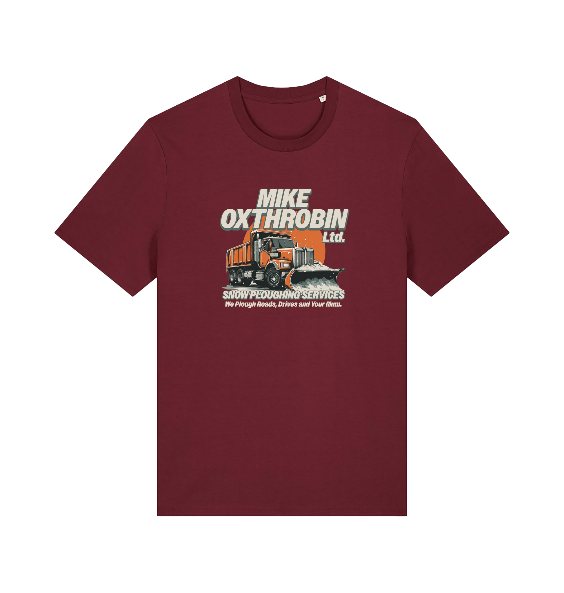 burgundy funny offensive t-shirt with a graphic of a snow plough