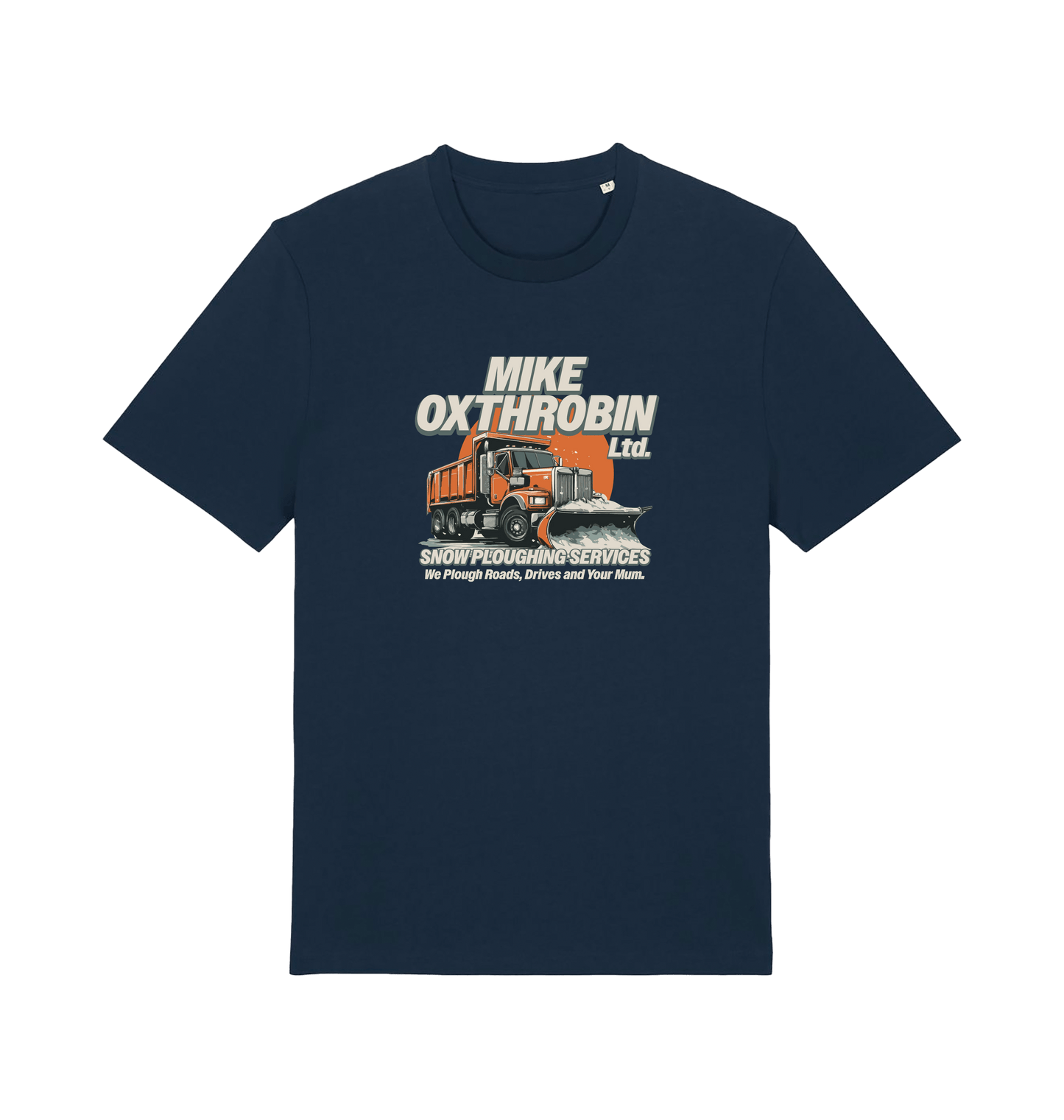 navy funny offensive t-shirt with a graphic of a snow plough