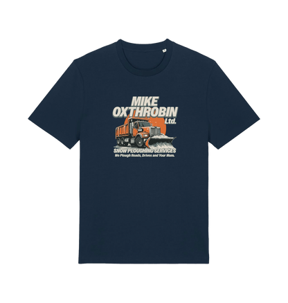 navy funny offensive t-shirt with a graphic of a snow plough