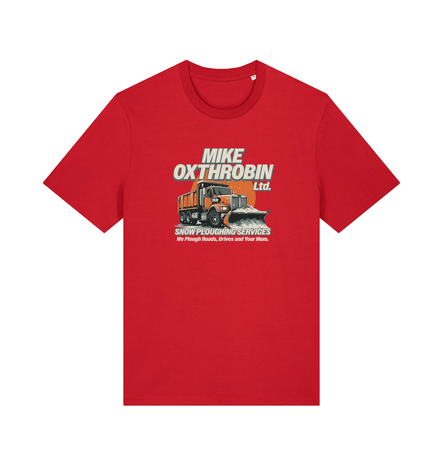 red funny offensive t-shirt with a graphic of a snow plough