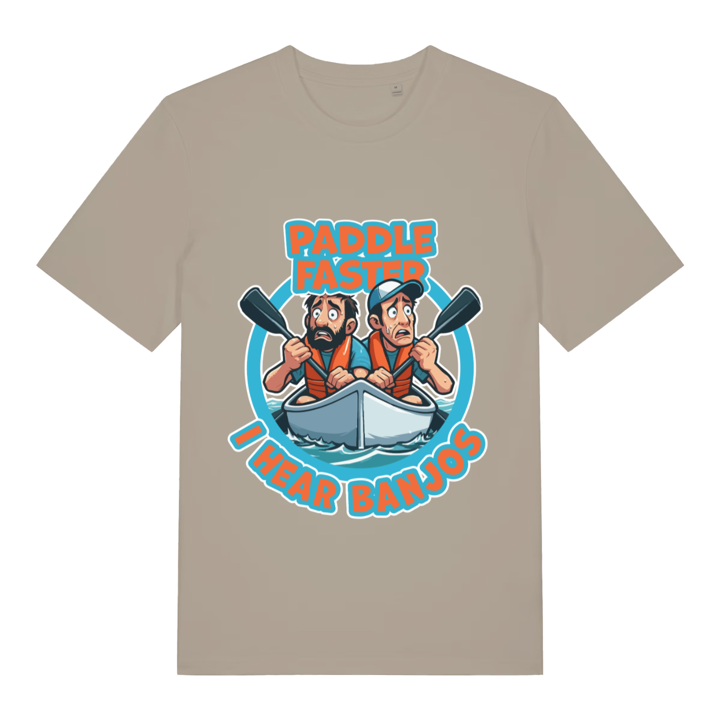 Beige Paddle Faster I Hear Banjos funny graphic t-shirt with panicked canoe duo  