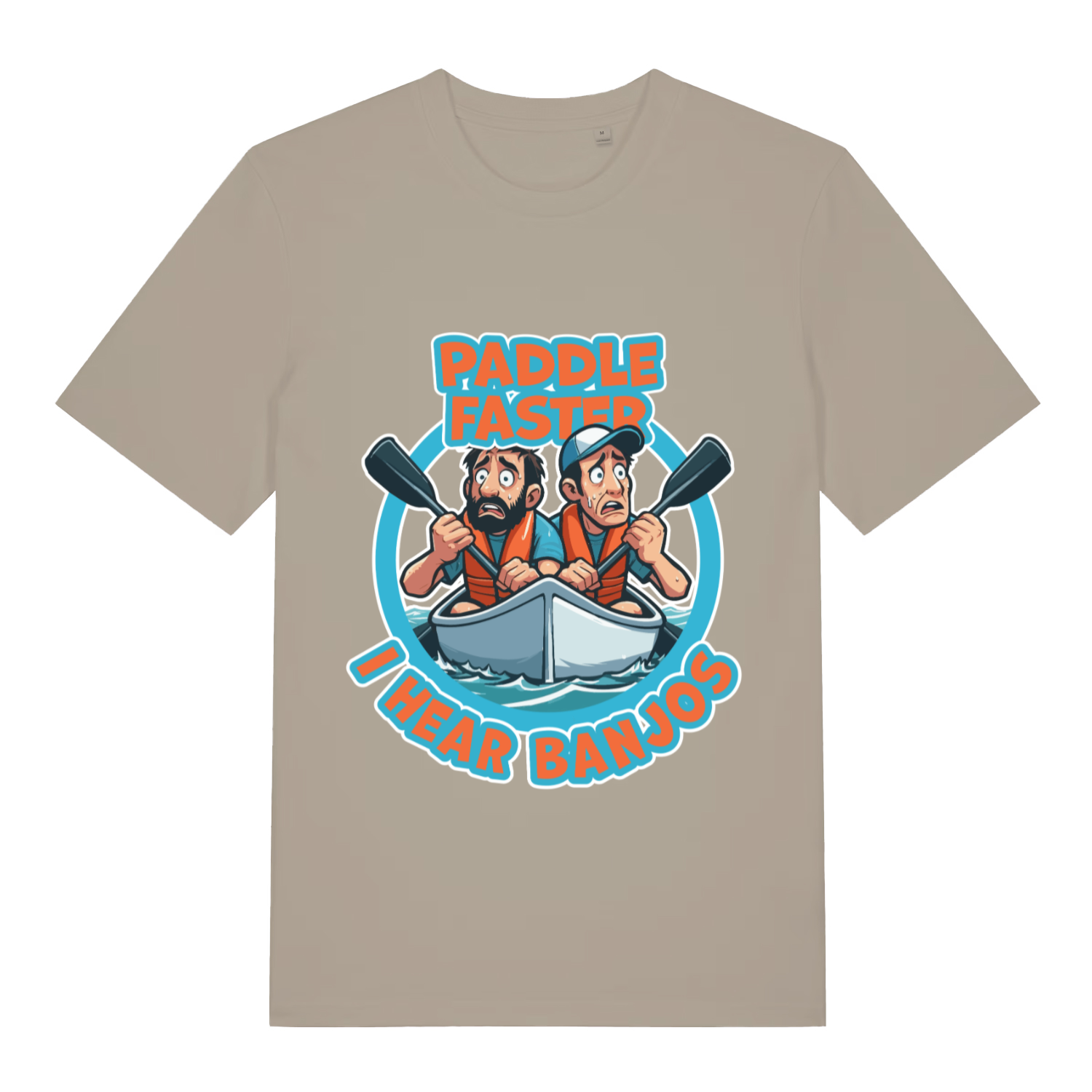 Beige Paddle Faster I Hear Banjos funny graphic t-shirt with panicked canoe duo  