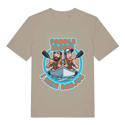 Beige Paddle Faster I Hear Banjos funny graphic t-shirt with panicked canoe duo  